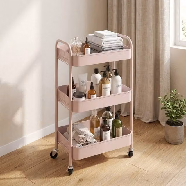 STILVORA Three-Tier Metal Storage Trolley with Wheels, Pink, W/D/H: 30.6 x 30.6 x 79.0 cm