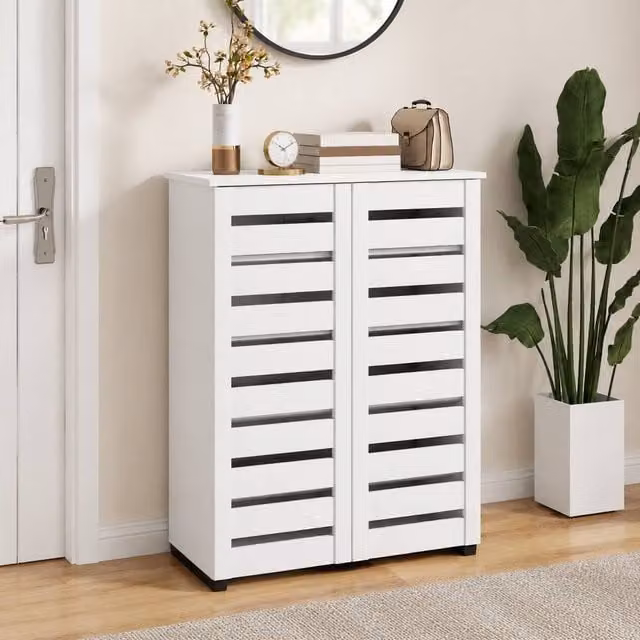 STILVORA Modern White Shoe Cabinet with Hinged Doors and Internal Shelves