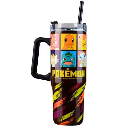 Pokemon Insulated Travel Mug with Straw and Handle, Black and Multicolour, 940ml – 1