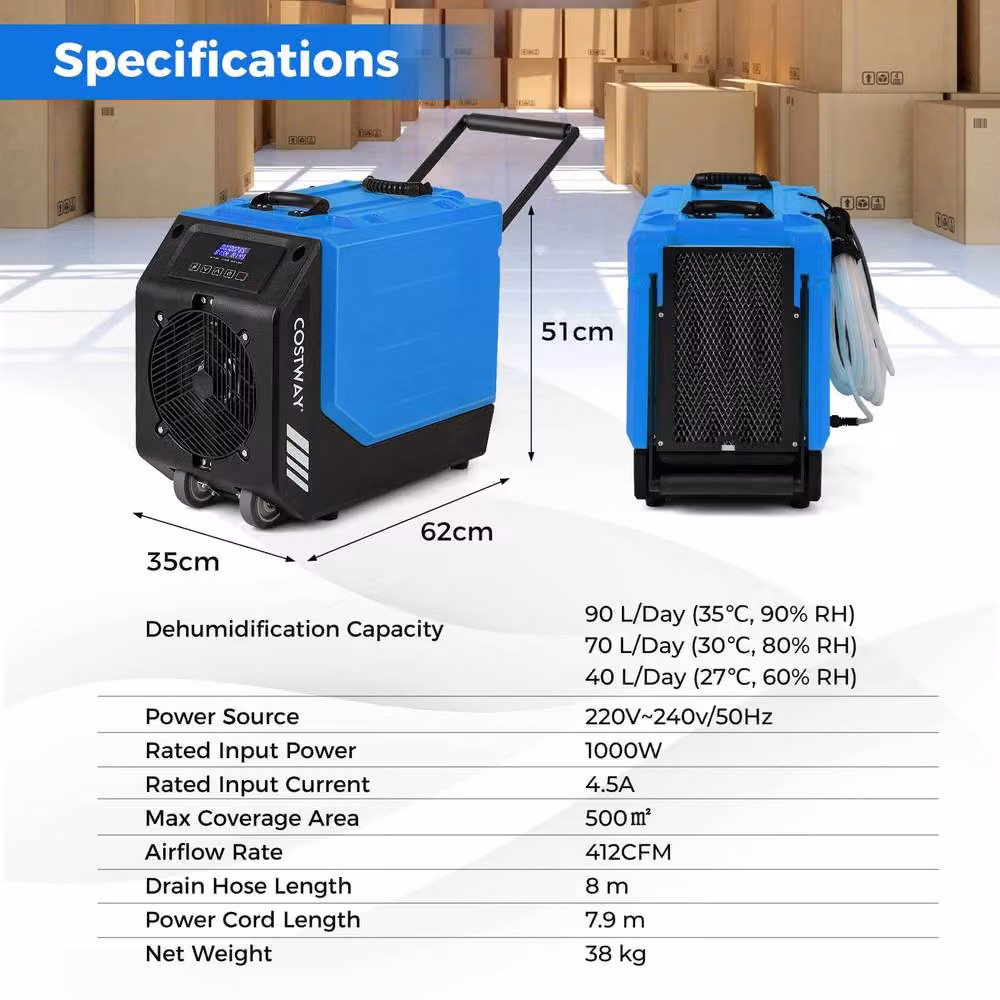 Costway Commercial Dehumidifier with Pump and Wheels, Blue, 90L/Day Capacity for up to 500m2 – 2