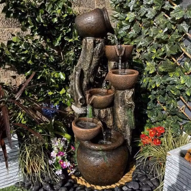 Tranquility 6 Flowing Bowls Traditional Solar Water Feature, Grey, Tabletop Cascade Design