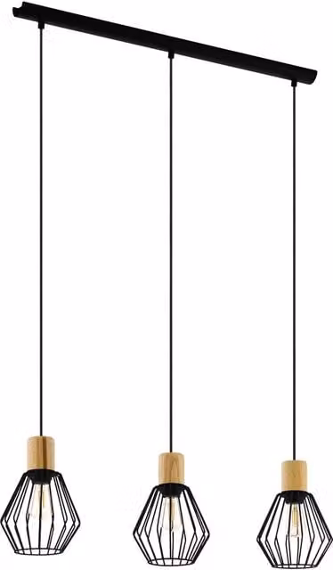 Loops Industrial Hanging Ceiling Pendant Light in Black and Wood with 3x E27 Bulb Sockets