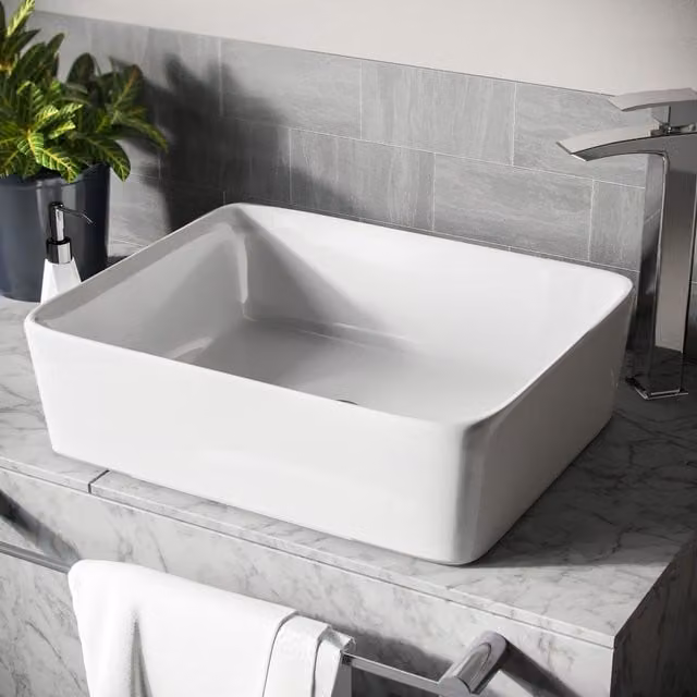 Nes Home Leven Rectangular Rounded Countertop Bathroom Basin, White, W: 48.5 cm, D: 38.0 cm – 1