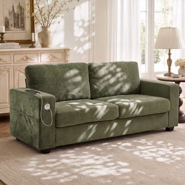 Livingandhome Modern Green Chenille Upholstered Sofa with USB Charging Port