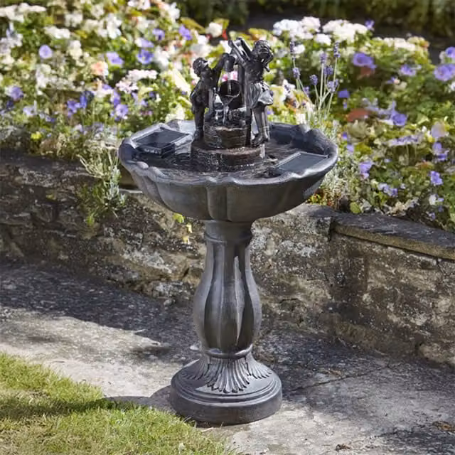 Primrose Tipping Pail Solar Powered Bird Bath and Round Water Fountain in Grey