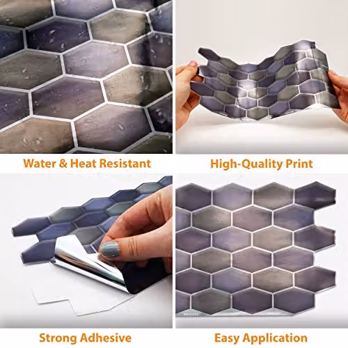 WALPLUS Self Adhesive Geometric Honeycomb Hexagon Wall Tile Stickers in Dark Blue and Grey, 12 Pieces, W: 28.5 cm, H: 14 cm – 5