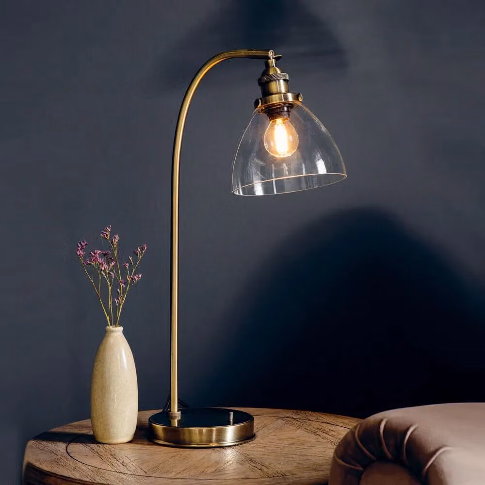 Loops 2 Pack Industrial Curved Table Lamps in Antique Brass and Clear Glass – 3