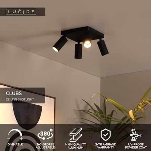 Lucide Netlighting Clubs Modern Black Aluminium Ceiling Spotlight, Adjustable and Dimmable, GU10 – 2