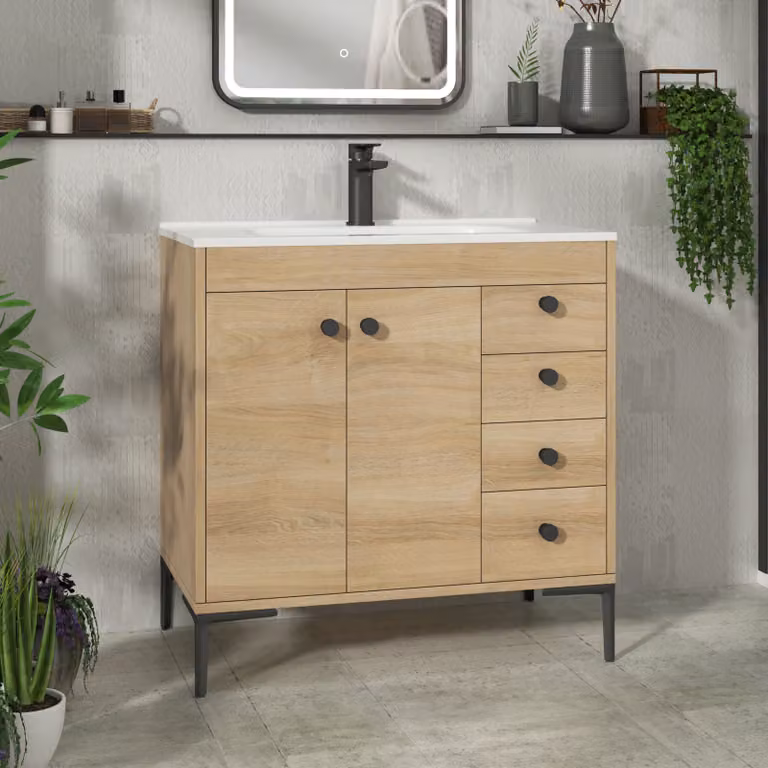 Royal Bathrooms Verona 800mm Natural Oak Floor Standing Vanity Unit with Ceramic Basin, 2 Doors and 4 Drawers