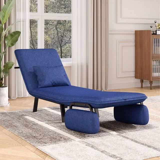Komore Blue Linen Foldable Sofa Bed with Pocket and Pillow