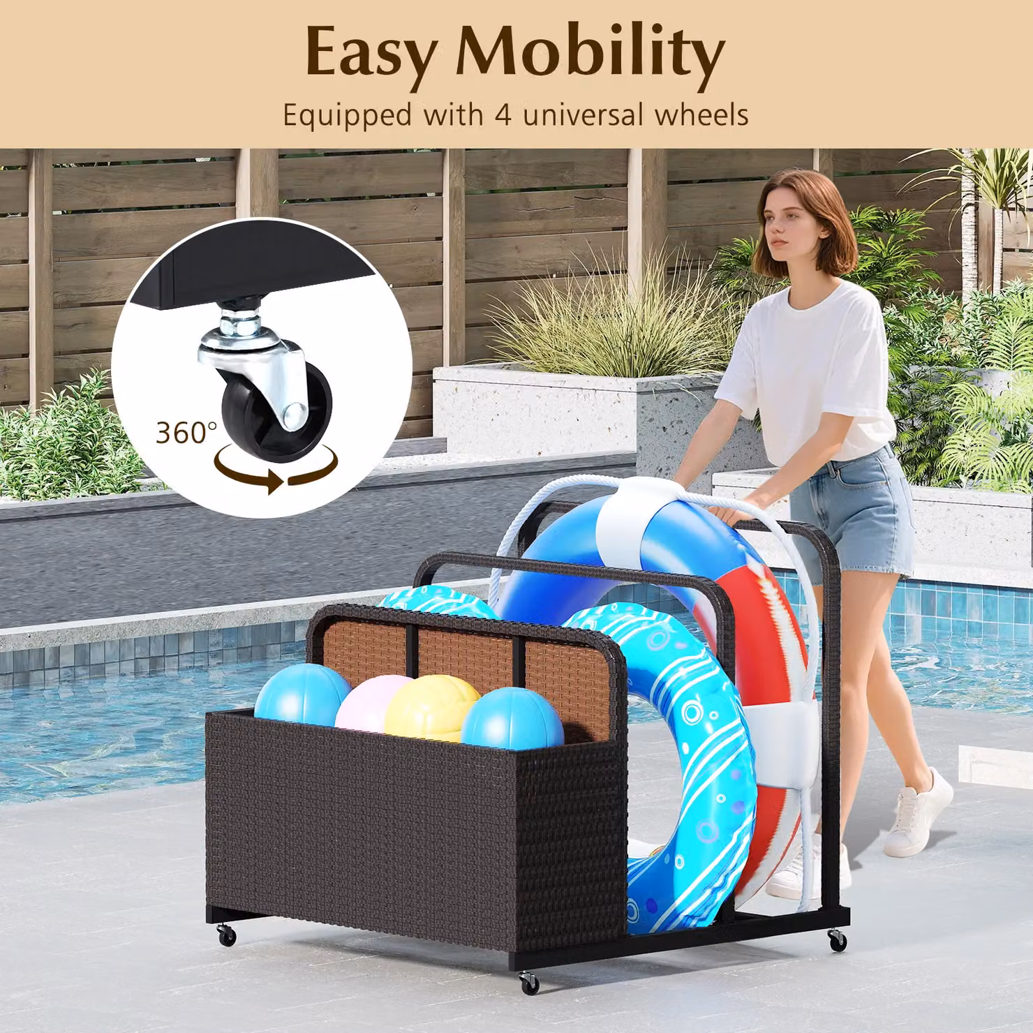 Costway Wicker Patio Pool Float Storage Organizer Caddy Basket in Brown – 5