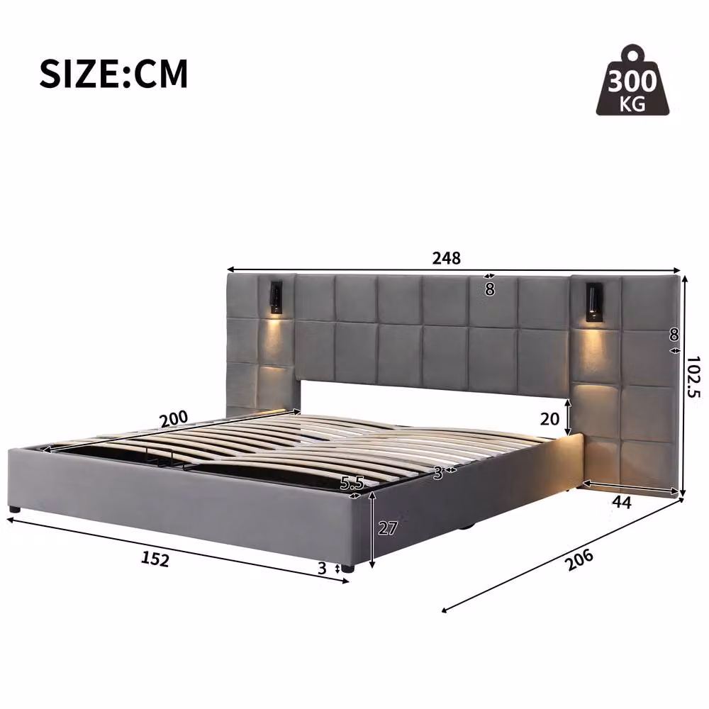 STILVORA Grey Velvet Upholstered King Size Bed with Storage, USB Charging Port and Integrated Reading Light, W/D/H: 180 x 200 x 152.4 cm – 4