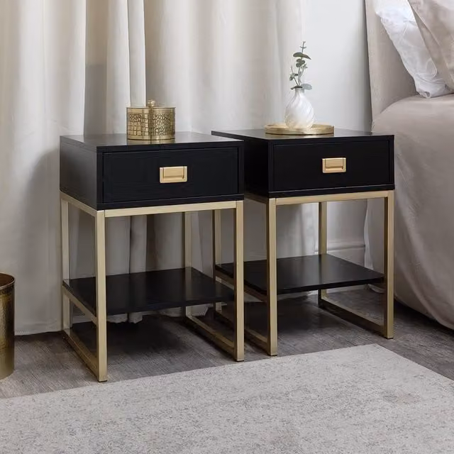 Melody Maison Elle Black Range Pair of One Drawer Bedside Tables in Black and Gold