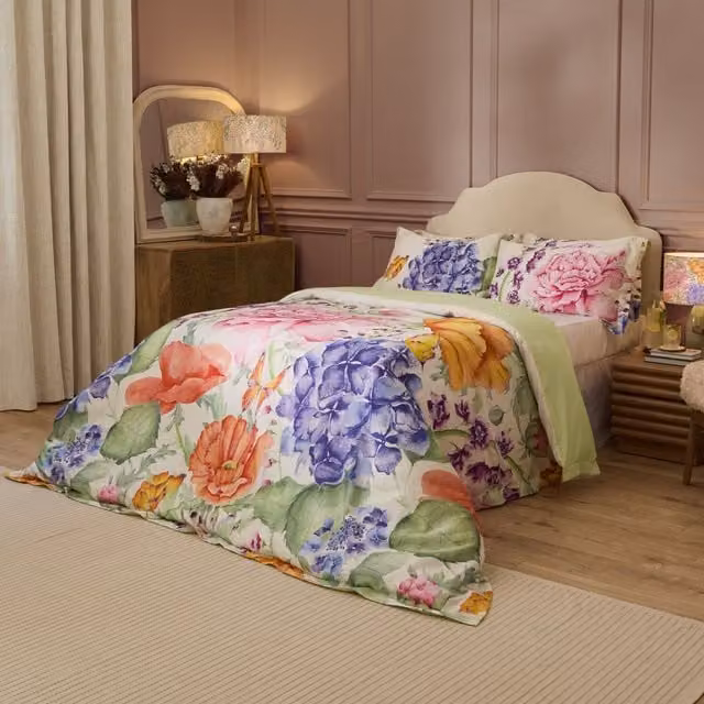 Voyage Maison Idalia Oxford Edge 100% Cotton Mako Satin Reversible Floral Duvet Cover Set, Green and Multicolour, W: 180 cm, H: 200 cm