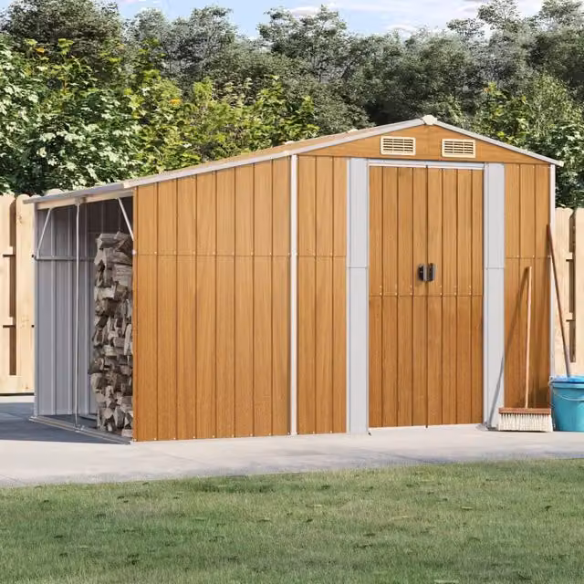 Berkfield Home Brown Galvanised Steel Lean-to Garden Shed, W: 277 cm, D: 192.5 cm, H: 179 cm