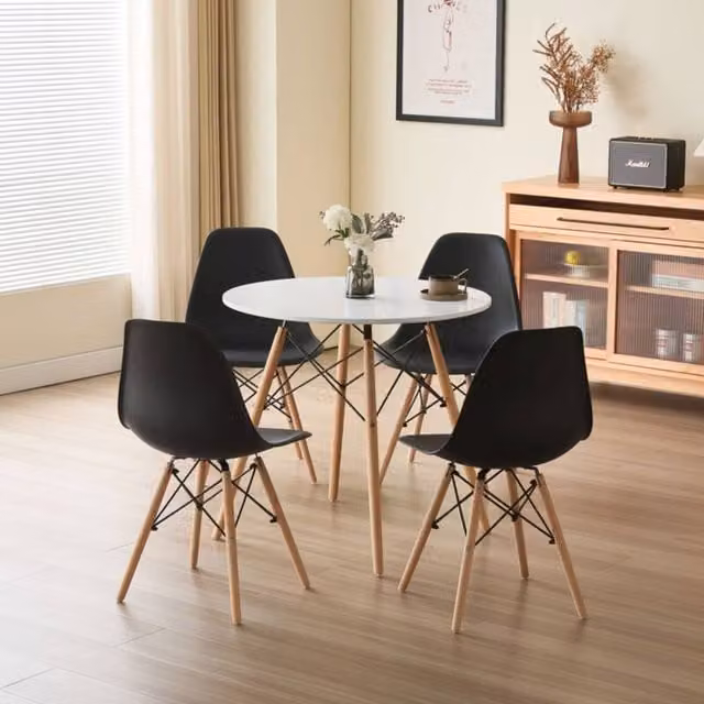Comfy Living Ltd 5 Piece Mid-Century Dining Set with Round White Wooden Table and 4 Black Chairs – 1