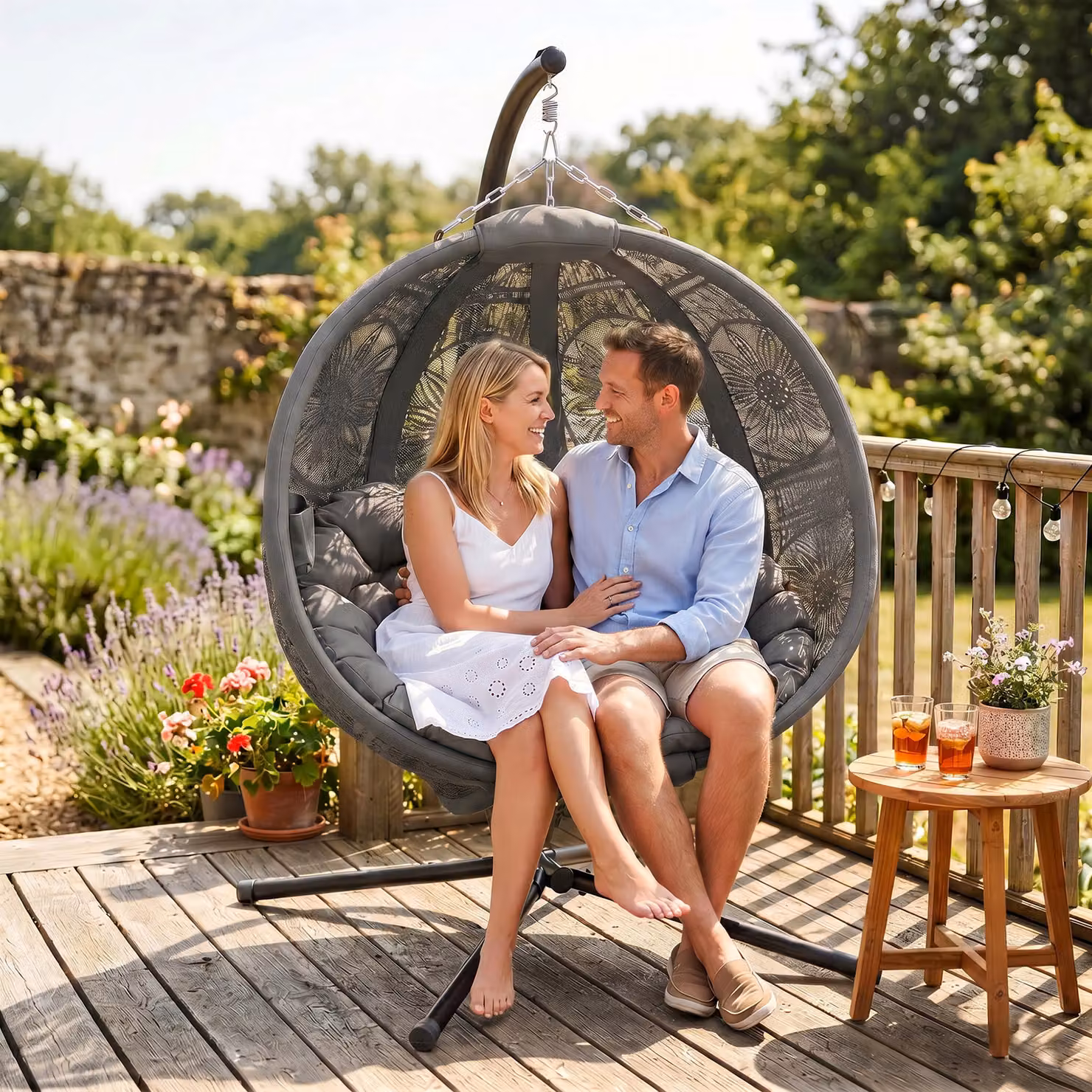 Outsunny Round Egg Basket Lounge Chair with Steel Stand and Cushions, Charcoal Grey – 7