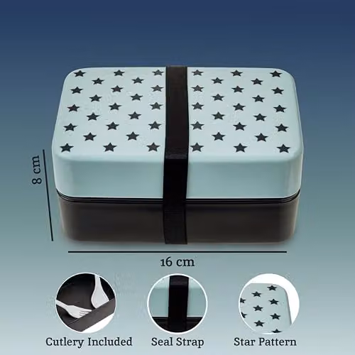 Premier Housewares Compact Light Blue Star Lunch Box with Cutlery, Compartments and Clip Closure – 4