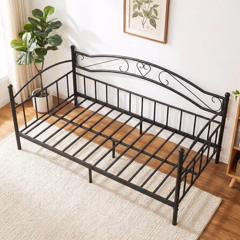 Gymax Single Metal Daybed Frame with Classic Headboard in Black – 2