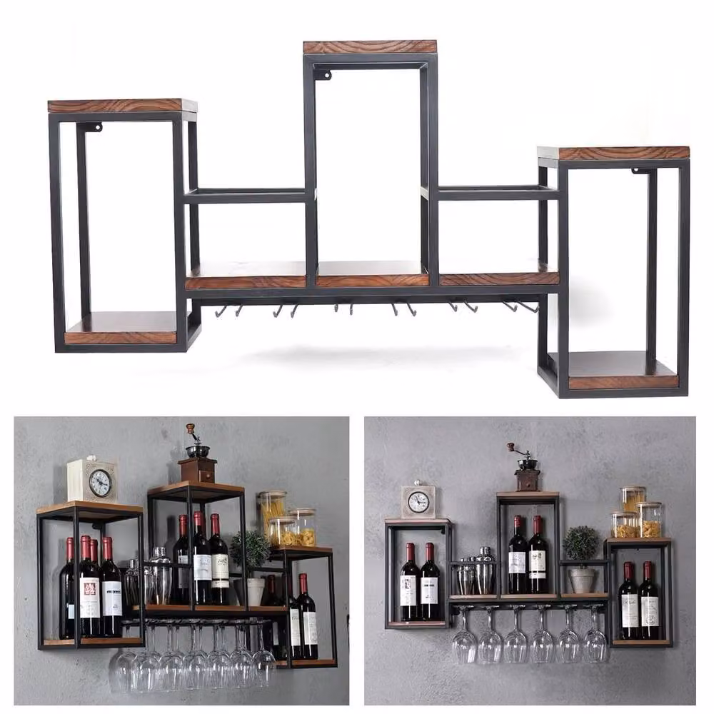 FORGEVIO Wall Mounted Industrial Metal Bar Wine Rack in Brown – 2