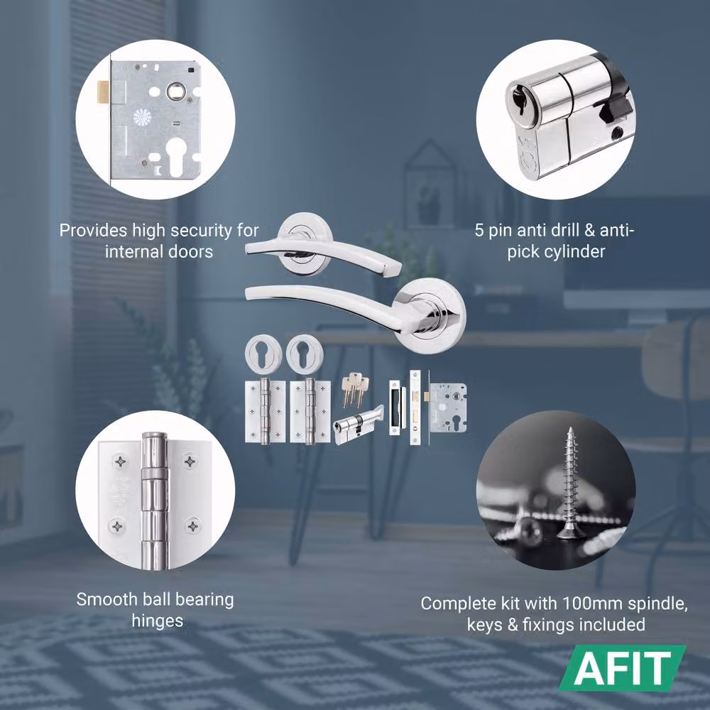 AFIT Chrome Door Handle Euro Lock Thumbturn Cylinder Set in Silver – 2