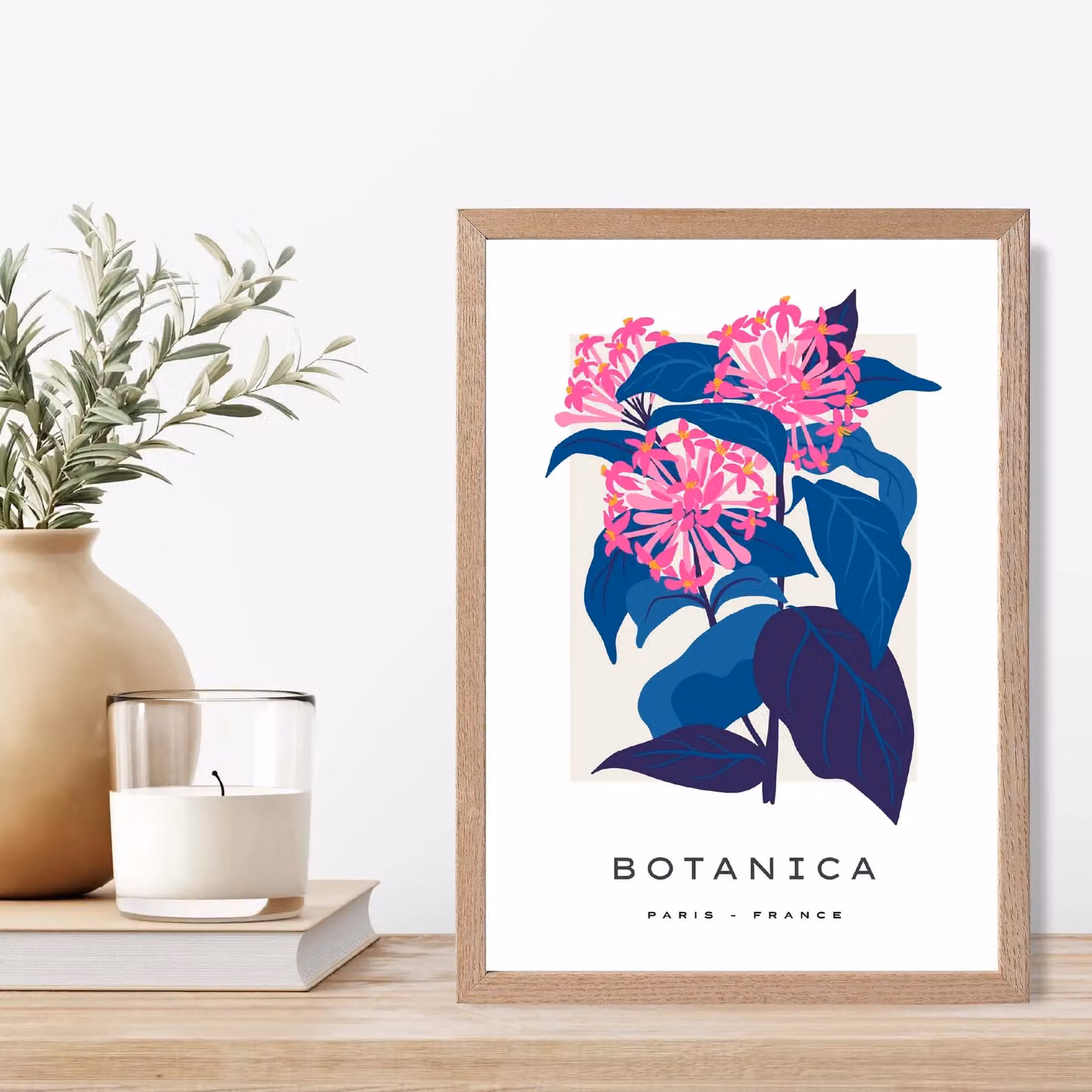 ARTZE Blue and Pink Cornflower Flower Market Gallery Framed Botanical Illustration Print with Oak Frame, A2 – 2