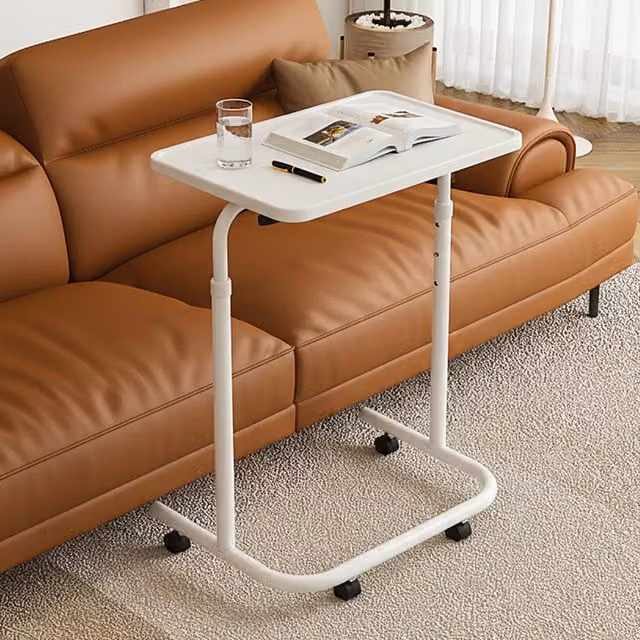 Livingandhome Height-Adjustable Tilting Side Table with Castors, White