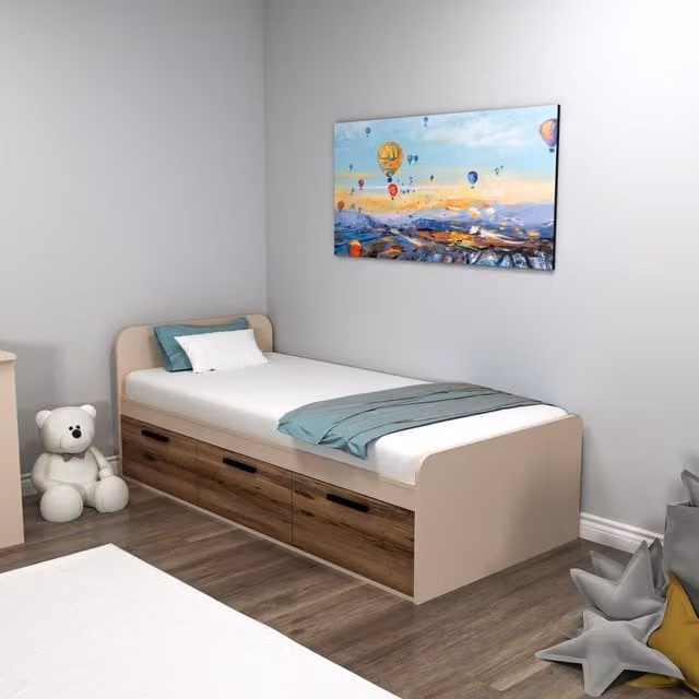 Destina Home Achille Modern Bed Frame in Light Walnut and Beige, W: 90 cm, L: 190 cm