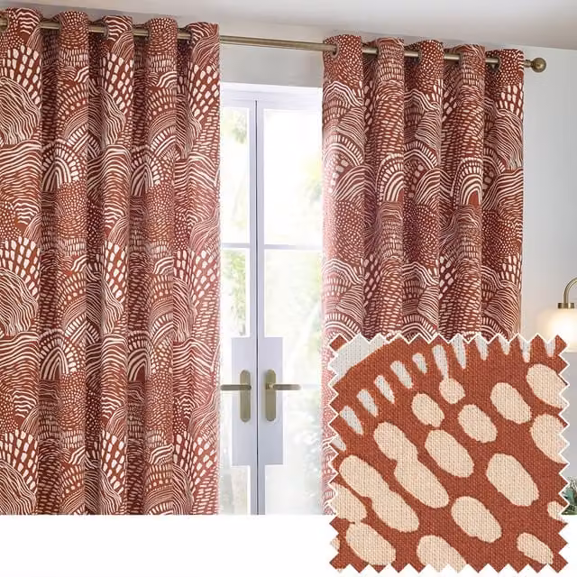 Make It A Home Nola Abstract Cotton Eyelet Curtains, Set of 2, Brown and Red, Height: 229 cm, Width: 168 cm