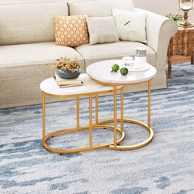 Costway Set of 2 Modern Round Nesting Coffee Tables with White Marble Tops and Gold Metal Sled Bases
