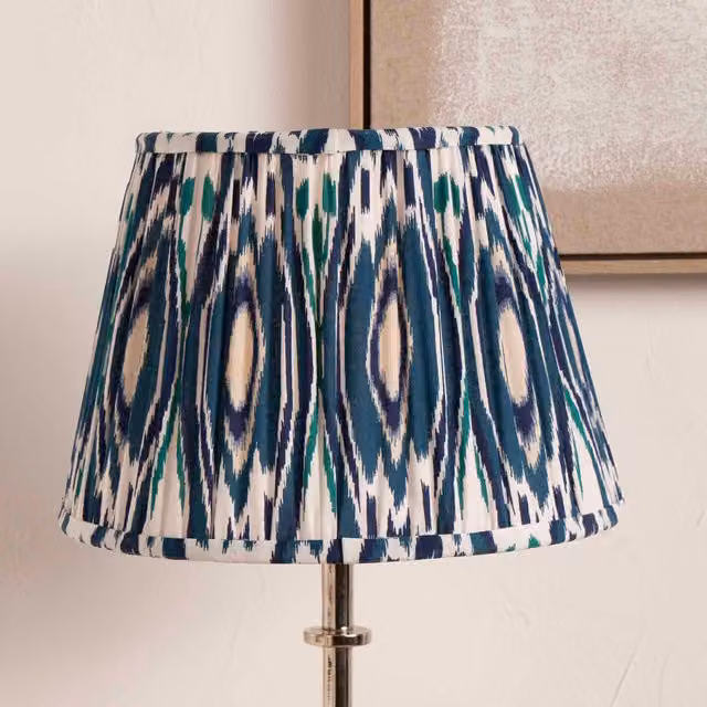 Ruma Blue Ikat Patterned Pleated Tapered Fabric Lampshade for Table Lamps, Diameter: 35.56 cm