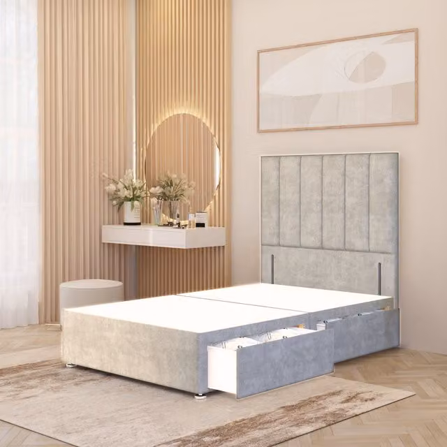 Somnior Beds Ltd Austin Velvet Divan Bed Base with 4 Drawers and Headboard, Silver, W/D/H: 180 x 200 cm
