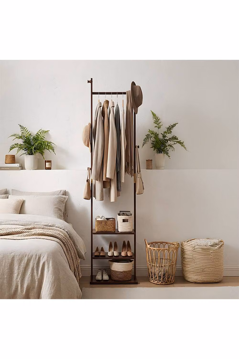 Living and Home Freestanding Wooden Clothes Rack with Dual Hook and Rail Matrix in Walnut Brown – 2