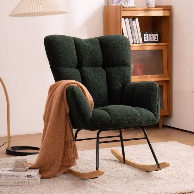 Direct Wicker Modern Teddy Bouclé Fabric Tufted Upholstered Rocking Chair with Armrests in Dark Green – 1
