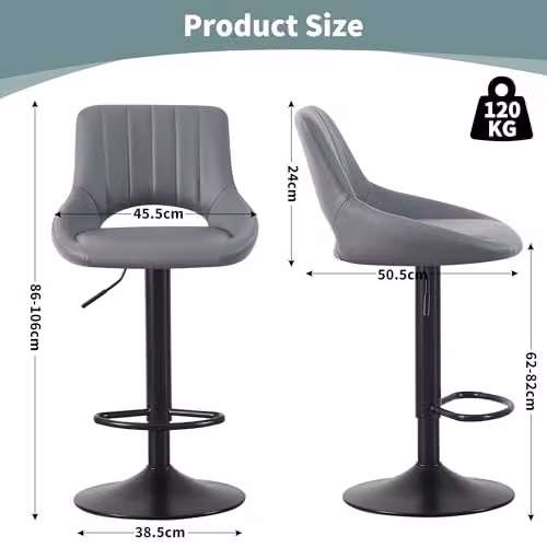 mcc direct Stacey Set of 2 Grey Faux Leather Swivel Bar Stools with Backrest and Footrest – 3