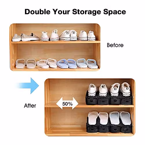 AMOS Pack of 10 Black Plastic Adjustable Space-Saving Shoe Storage Organiser Slots with 3-Level Height and Non-Slip Shelf Holder – 6