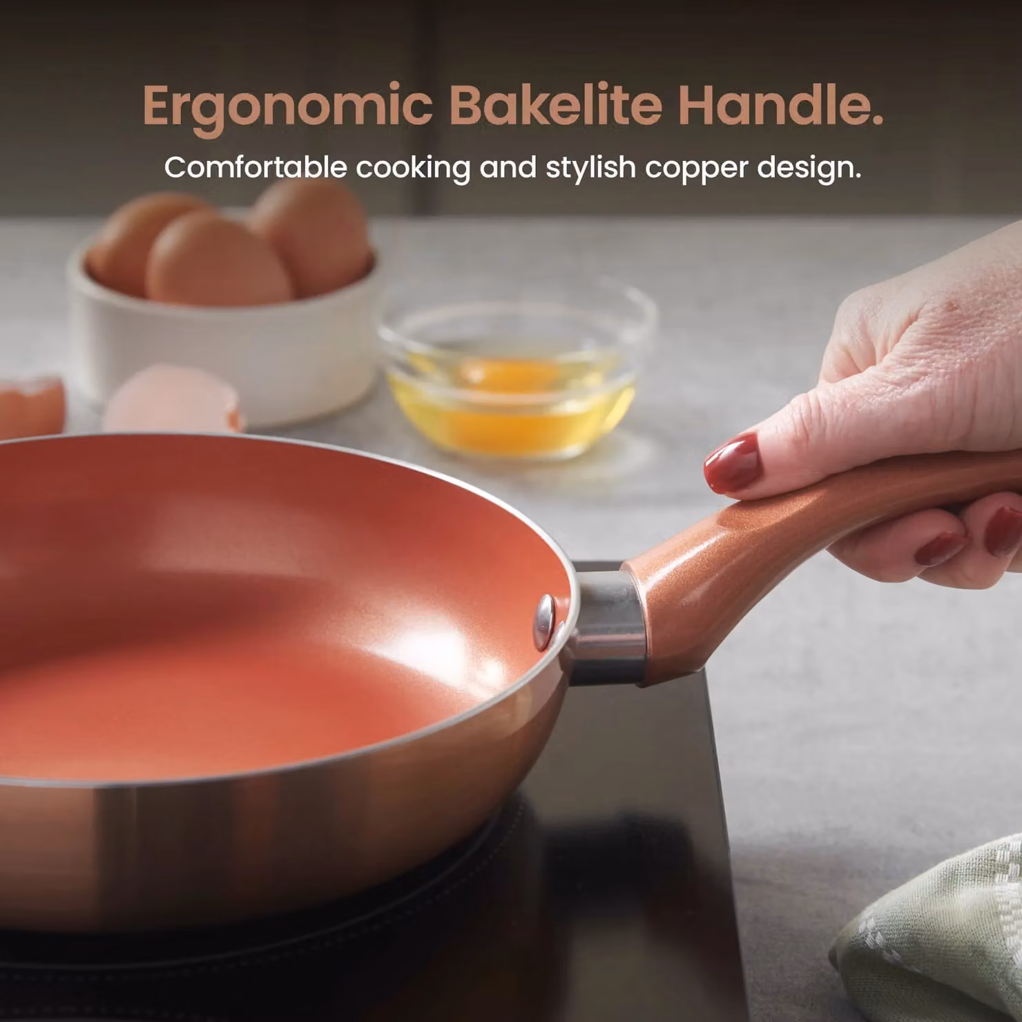 VonShef 8 Piece Non-Stick Copper and Bronze Ceramic Cookware Set with Glass Lids, Induction Safe – 4