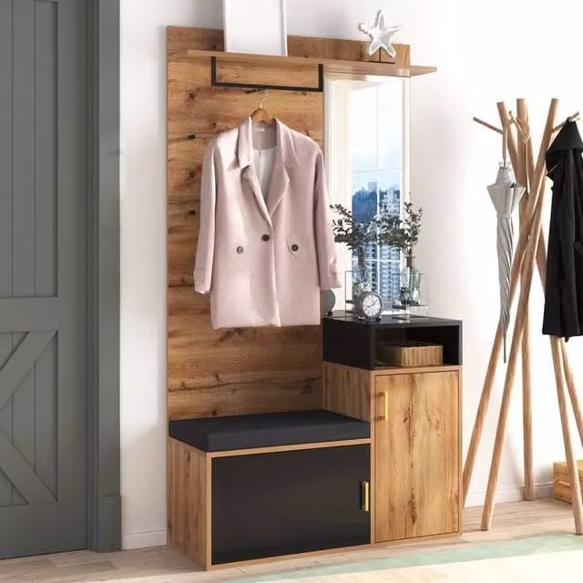 Merax Modern Hallway Storage Set with Mirror and Shoe Bench in Natural Wood Finish, H 191 x W 105 x D 40 cm