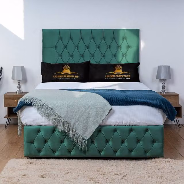 UK Bed Furniture Monaco Divan Bed Base with 26 Inch Headboard in Green Velvet, W/D/H: 90 x 190 cm