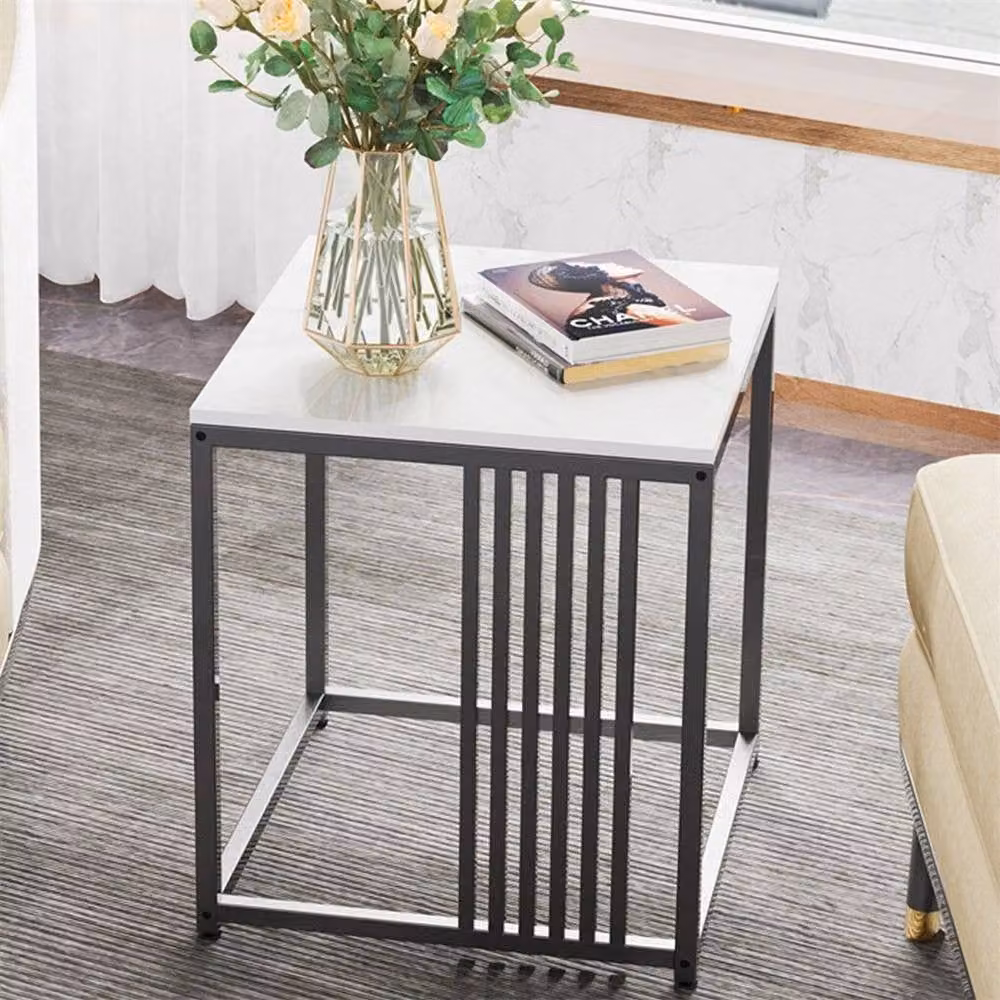 KORVIXA Minimalist White Ceramic Side Table with Matt Stone Top and Metal Legs, W/D/H: 45 x 40 x 40 cm – 5