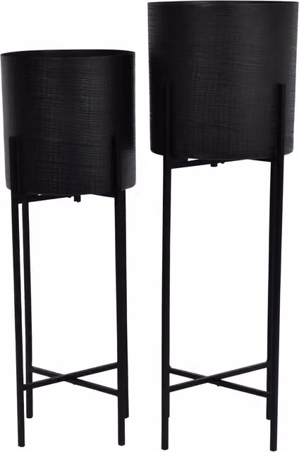 Libra Interiors Clyde Set of 2 Modern Round Metal Floor Standing Planters in Matt Black