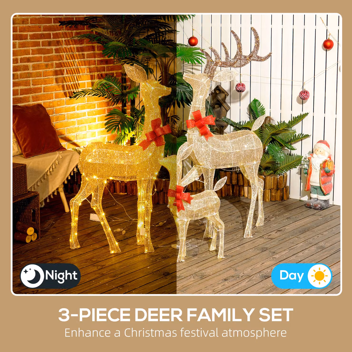 Outsunny 3-Piece Lighted Reindeer Christmas Decoration Set with 283 Warm White LED Lights in Gold Tone – 3