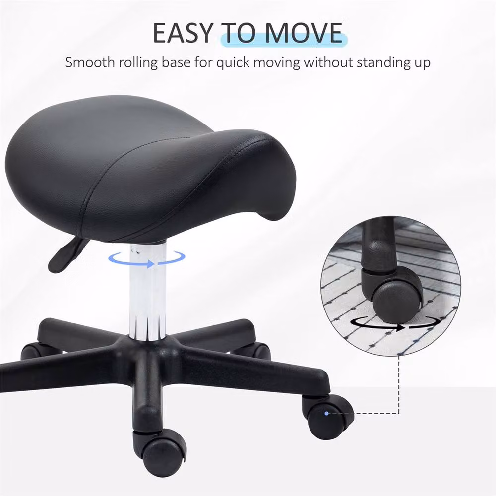 EONLION Black PU Leather Saddle Stool with Castors and Metal Frame – 3