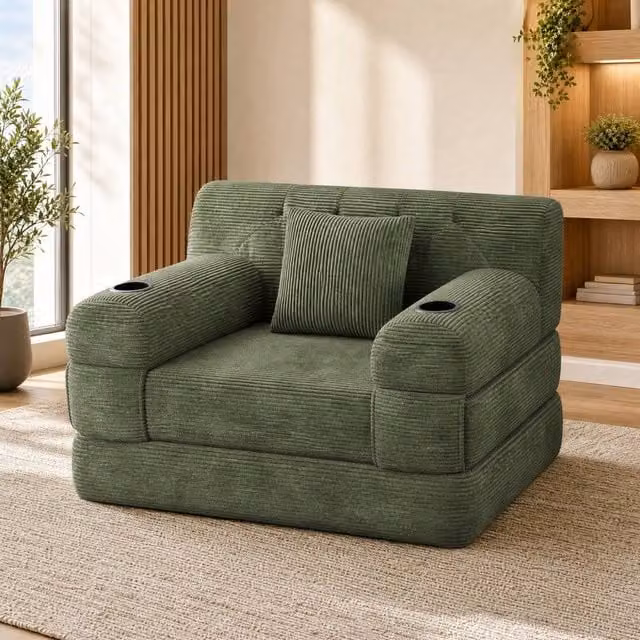 STILVORA Green 1-Seater Sleeper Sofa with Storage Pockets, Cup Holders and Armrests – 1