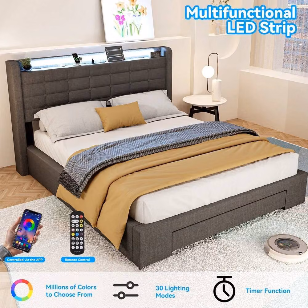 Spetlek Grey Upholstered Double Storage Bed Frame with USB Charging Port, W/D/H: 140 x 200 cm – 3