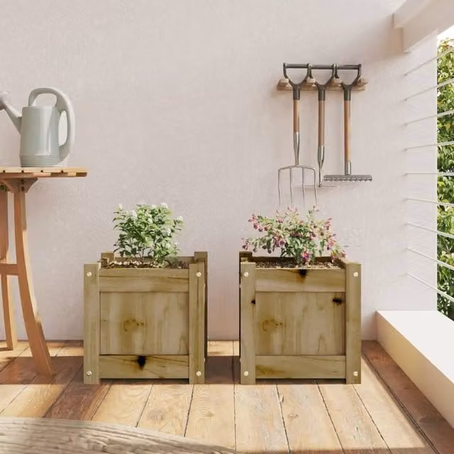 Berkfield Home Garden Impregnated Pine Wood Planter Tub Set, 2 Pieces, Brown