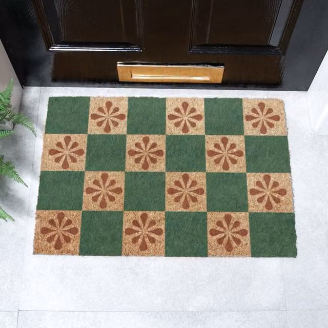 Artsy Mats Green Petal Checkerboard Coir Doormat in Brown, W: 60 cm, D: 40 cm – 1