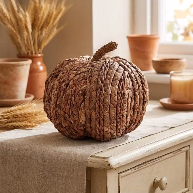 Garden Greatness Brown Woven Rattan Pumpkin Ornament for Autumn and Halloween Decor