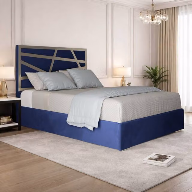 Casani Elveden Modern Upholstered Velvet Bed Frame in Blue with Metal Details, W/D/H: 90 x 190 x 127 cm