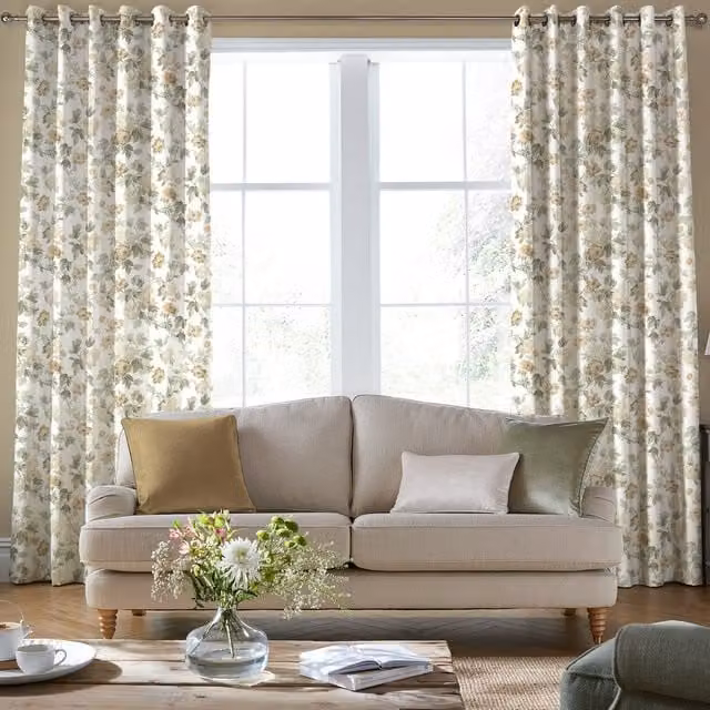 Laura Ashley Catrin Made to Measure Blackout Eyelet Curtains in Yellow and White Floral Design